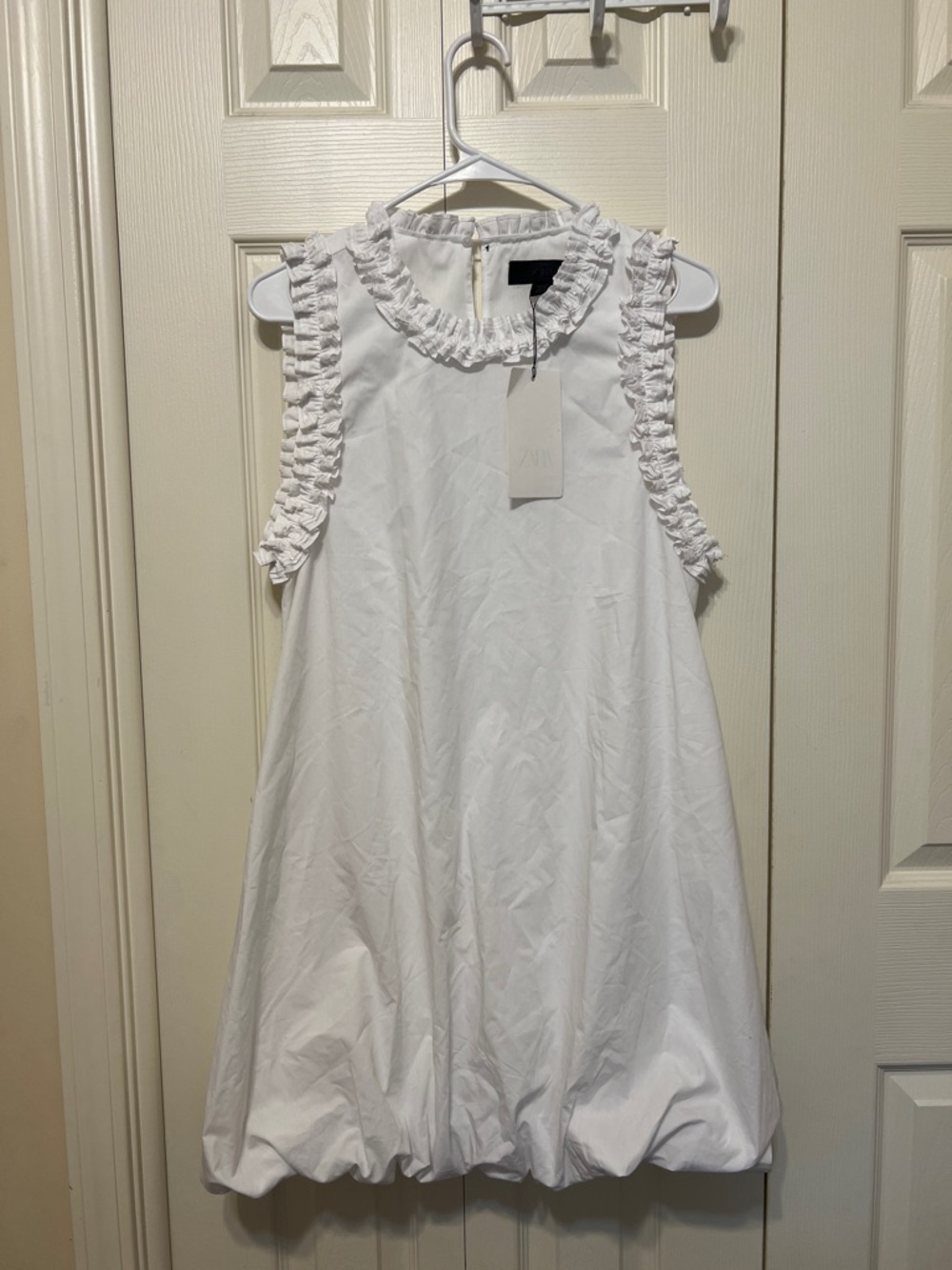 Zara White Ruffle-Trim Bubble Hem Dress